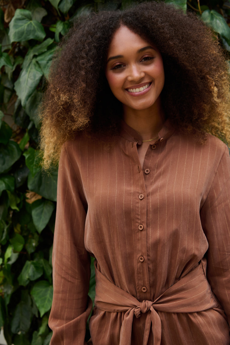 Froks Carla Sleeve Long Body Dragt / Earth brown & Gold lines