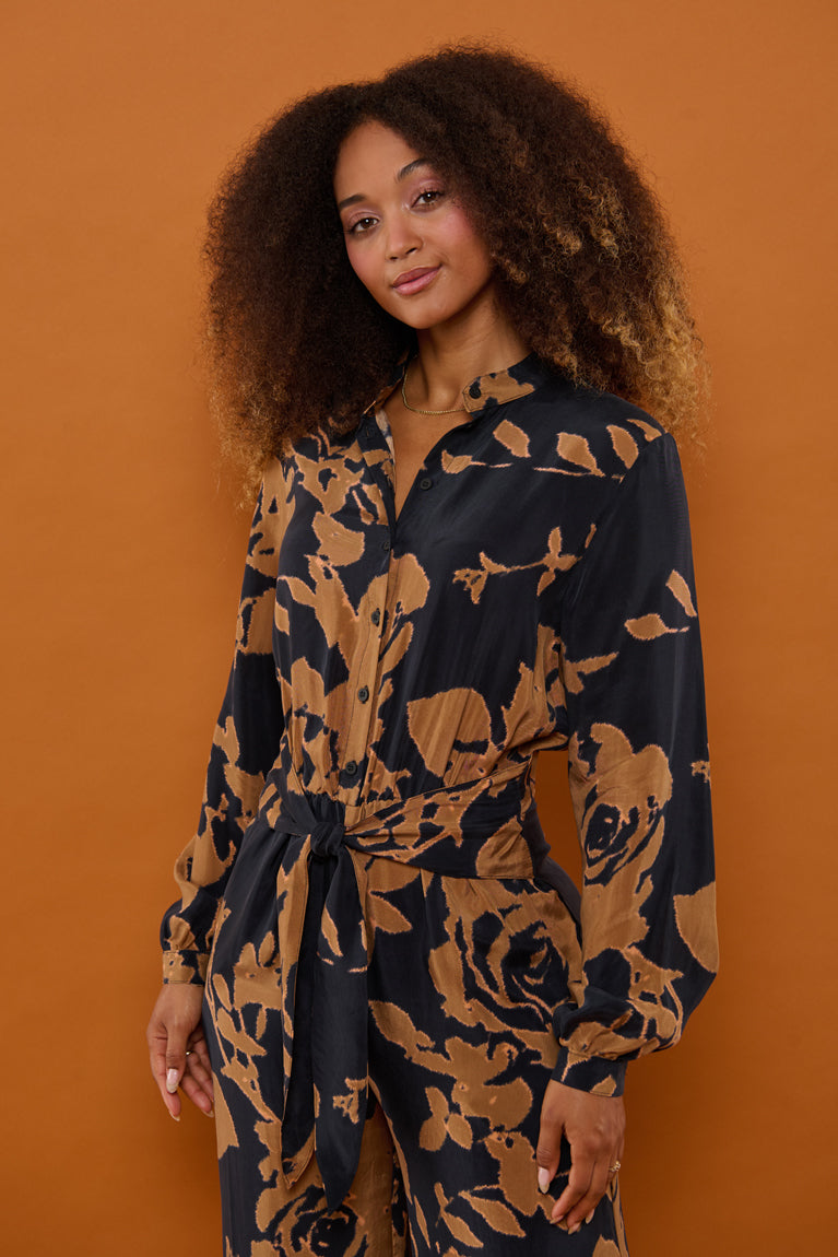 Froks Carla Sleeve Buksedragt / Golden brown flower silhouettes