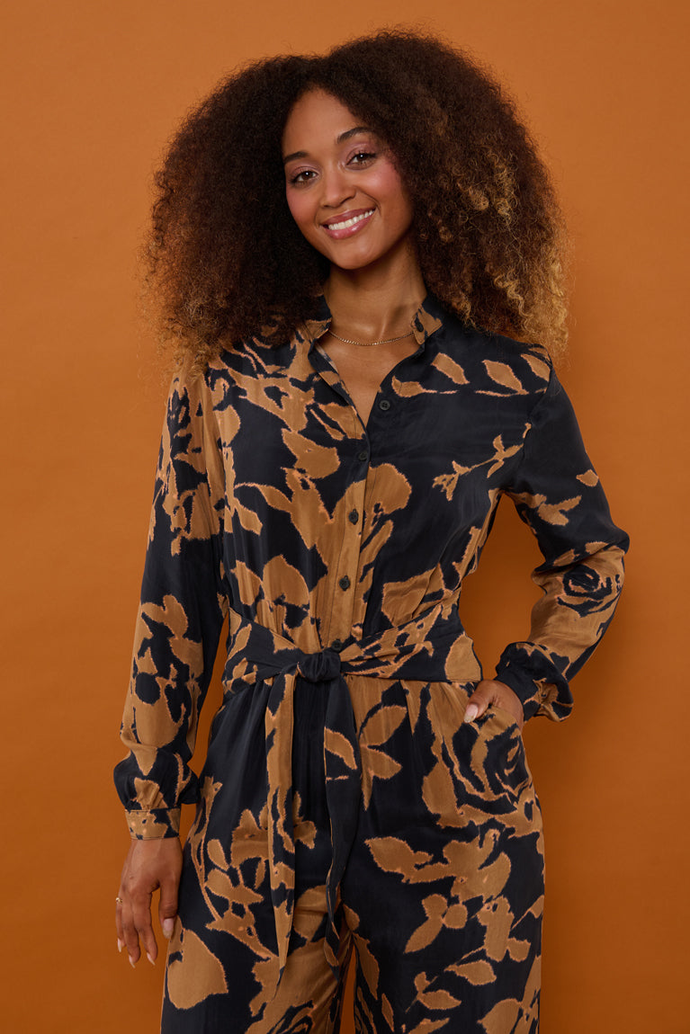 Froks Carla Sleeve Buksedragt / Golden brown flower silhouettes