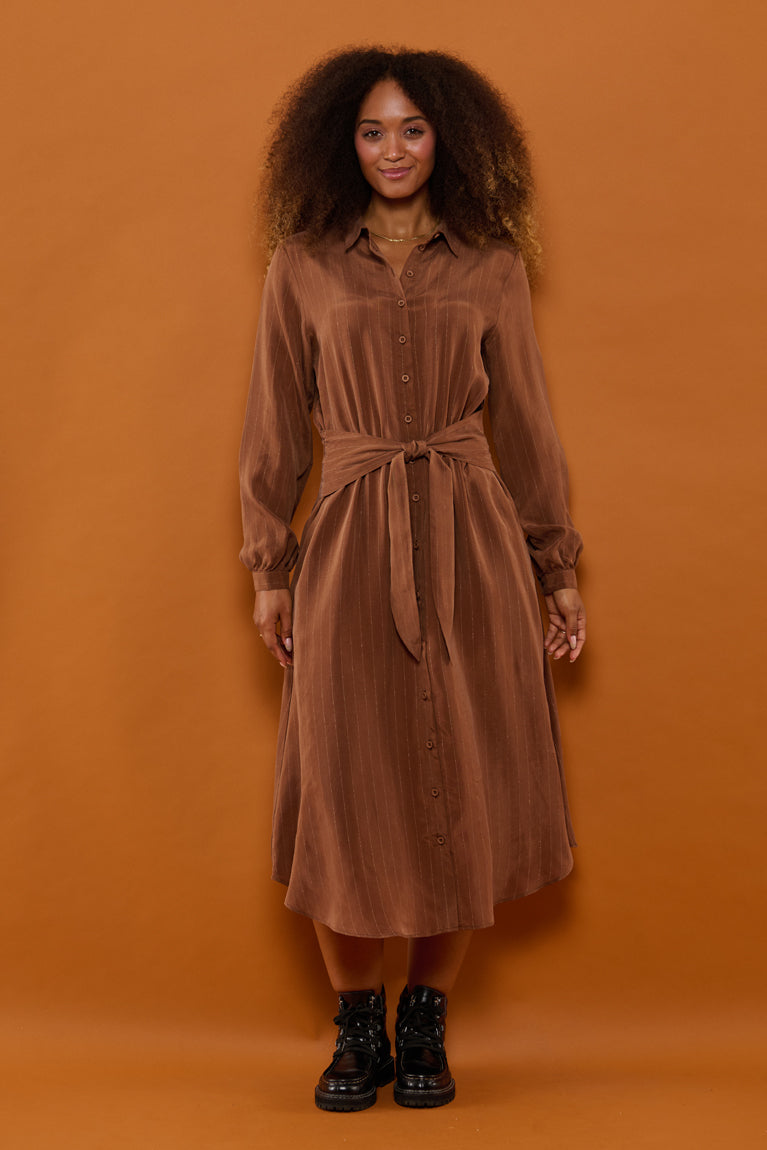 Froks Carla Sleeve Kjole / Earth brown & Gold lines