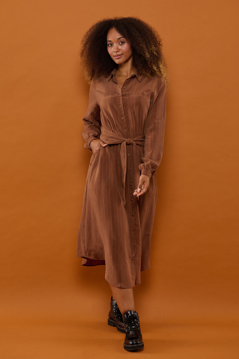 Froks Carla Sleeve Kjole / Earth brown & Gold lines