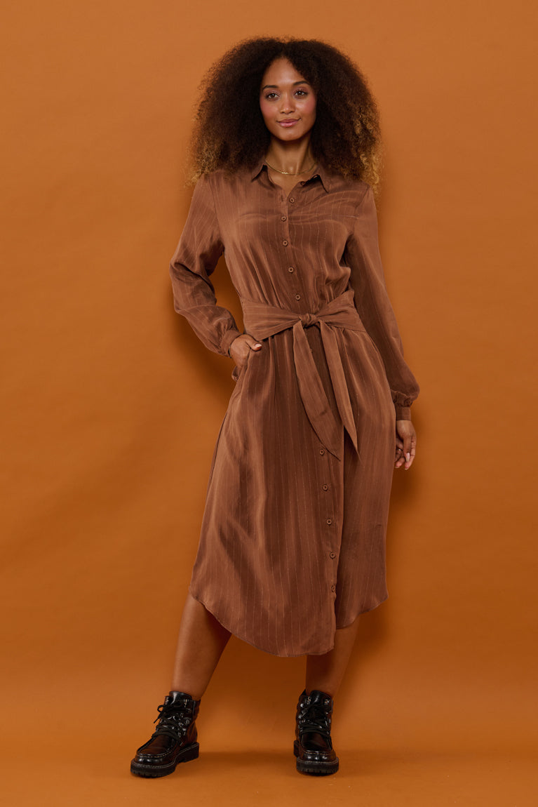 Froks Carla Sleeve Kjole / Earth brown & Gold lines