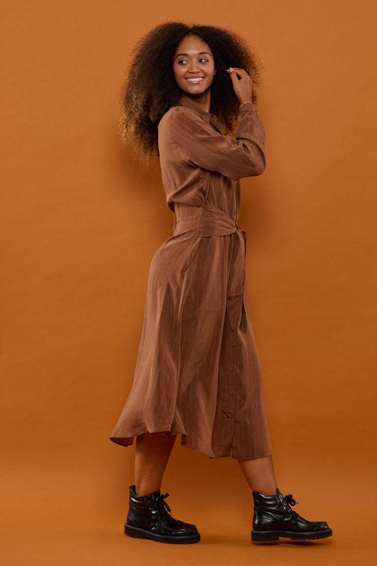 Froks Carla Sleeve Kjole / Earth brown & Gold lines